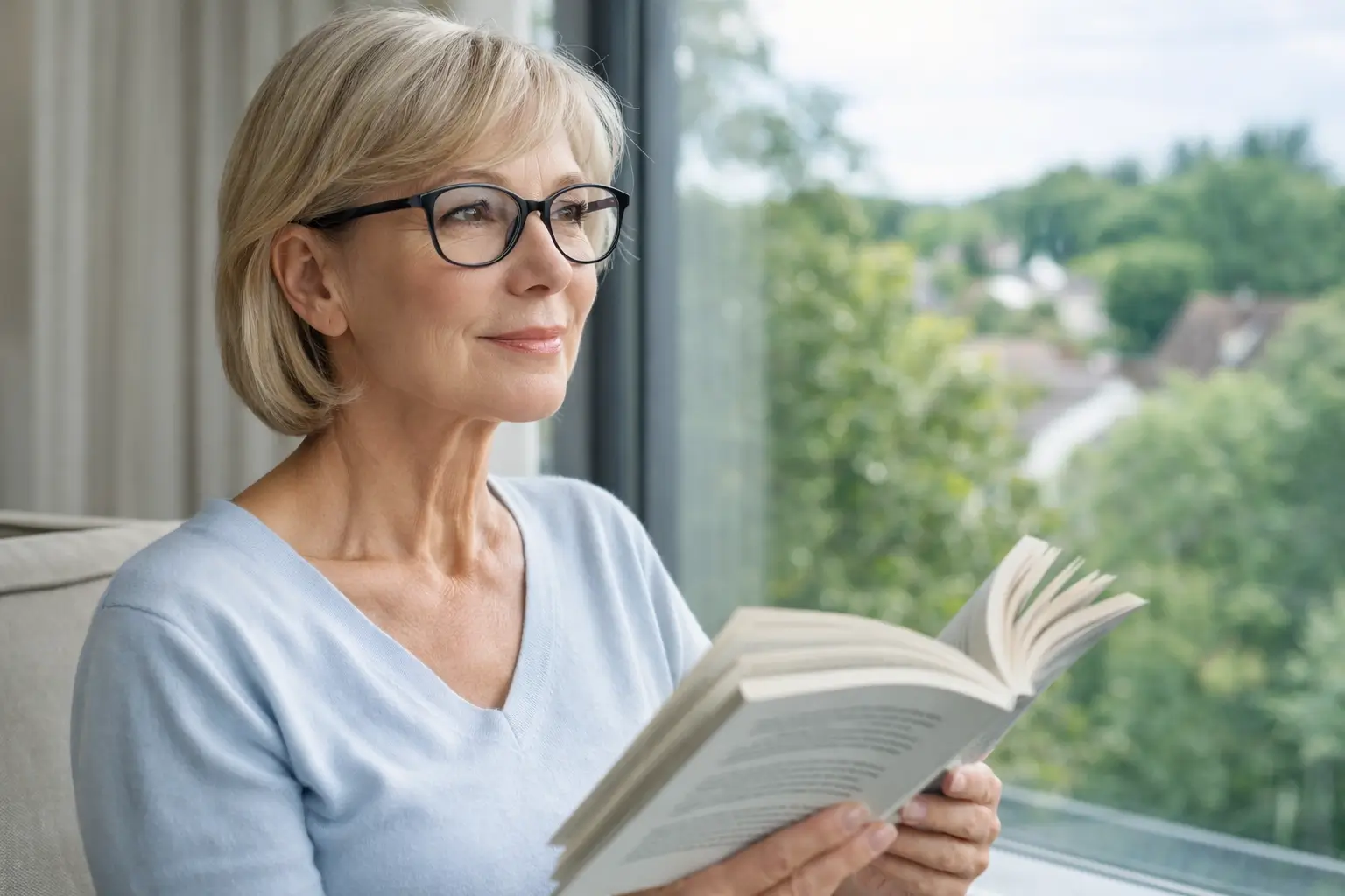 Kobieta w okularach progresywnych – widzenie bliży i dali